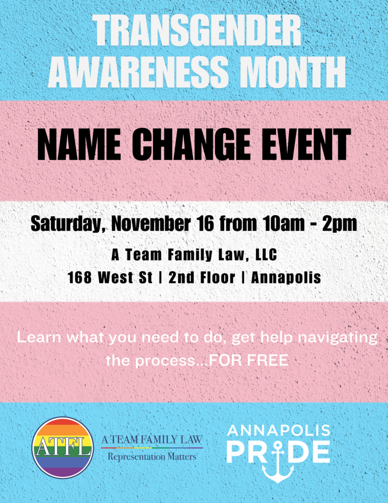 Poster in trans colors of pink, white, blue advertising name change event.